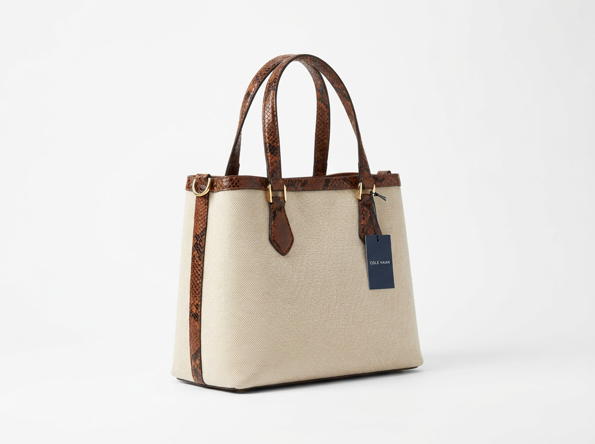 Cole Haan Midtown Medium Tote – Natural Canvas & Brown Snake-Print Leather