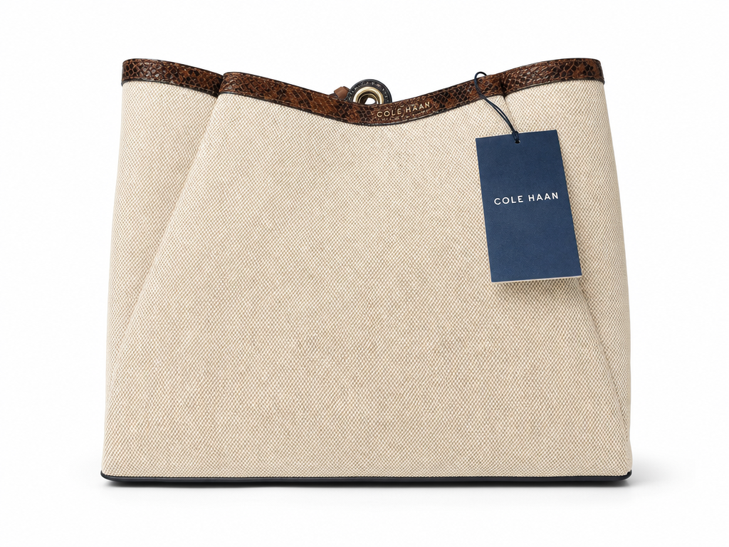 Cole Haan Midtown Medium Tote – Natural Canvas & Brown Snake-Print Leather