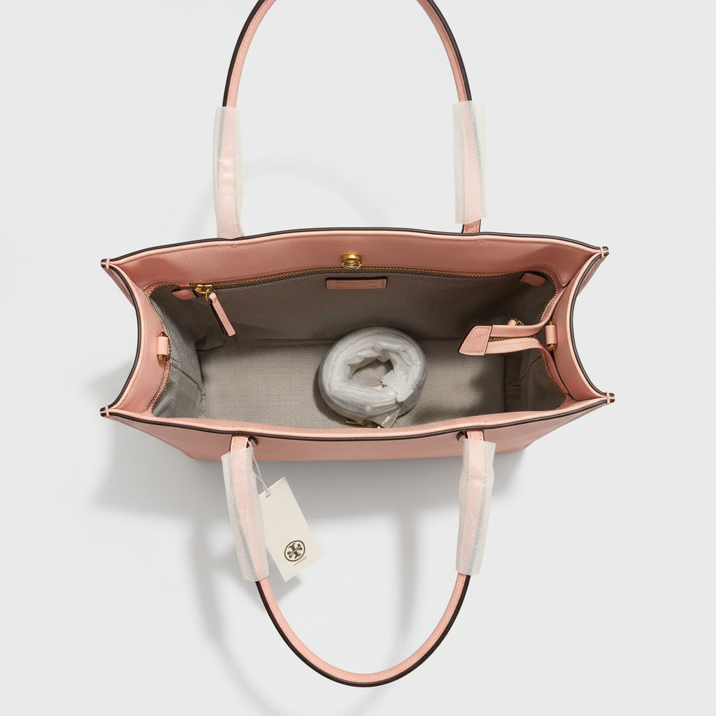 Tory Burch Pink Saffiano Leather Tote Bag — Gold Logo Hardware